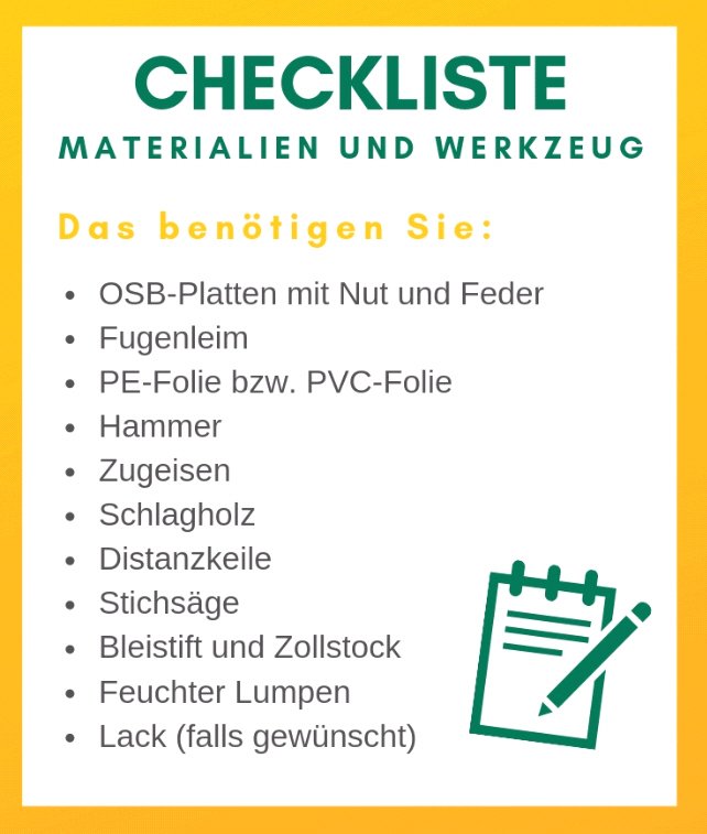 checkliste osb platten, werkzeug und material