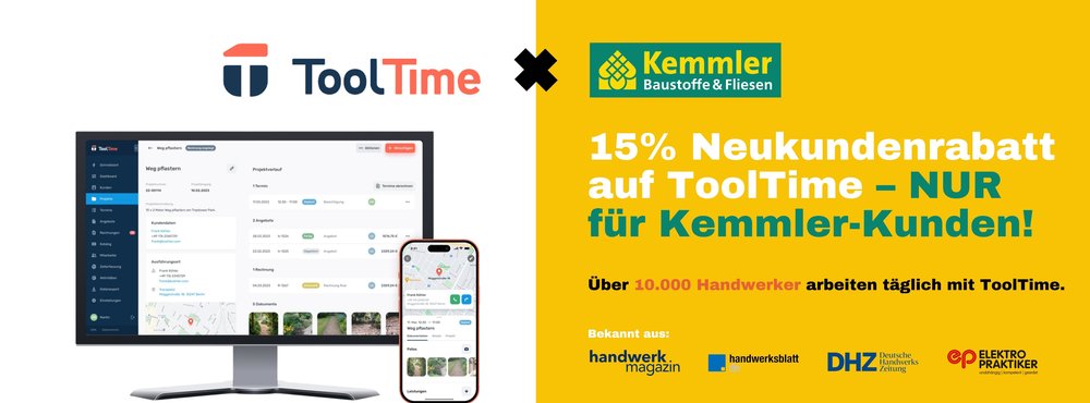 ToolTime Handwerkersoftware - Jetzt 15% sparen als Kemmler-Kunde